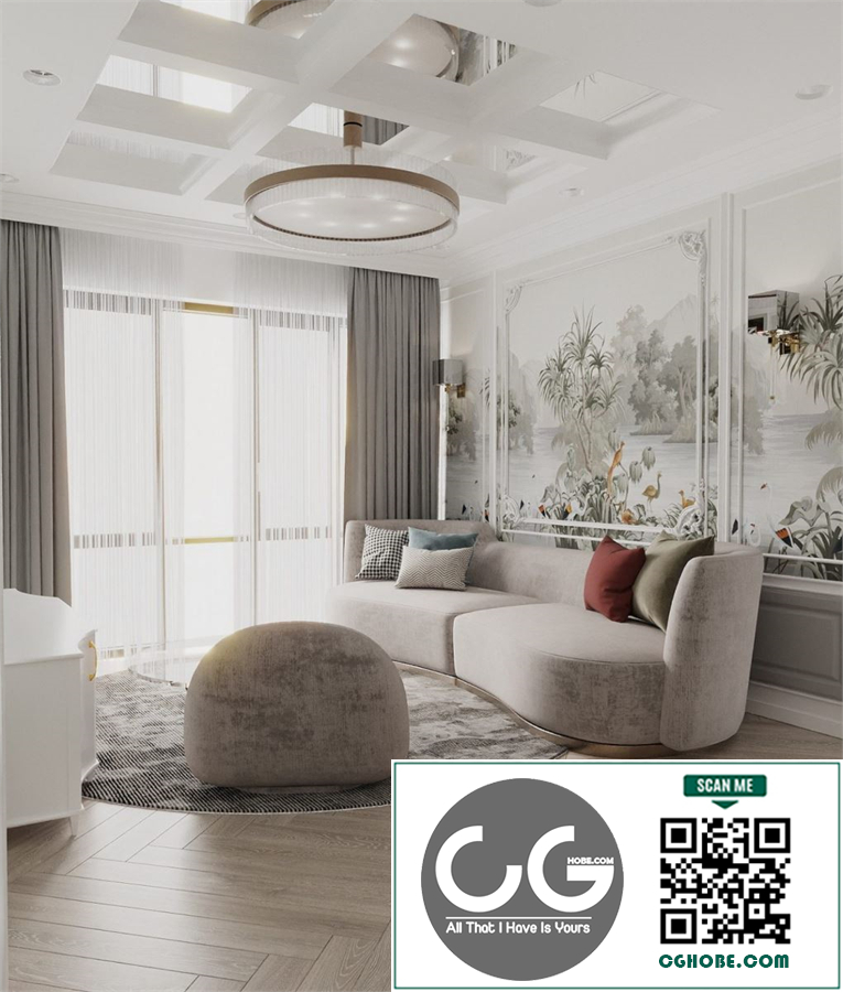 3Ds Max Living Room – Kitchen Interior Model Download by Thuy Hang