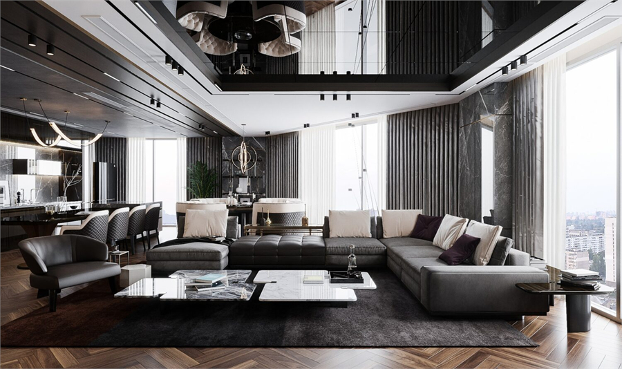 Download Free 3D Living Room- Kitchen Interior Model By Hoang Phuong