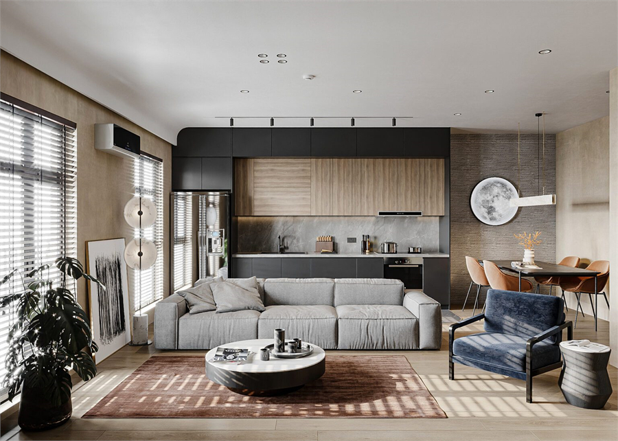 Free 3D Livingroom- Kitchen Interior Model Download by Nguyen Thanh Cong