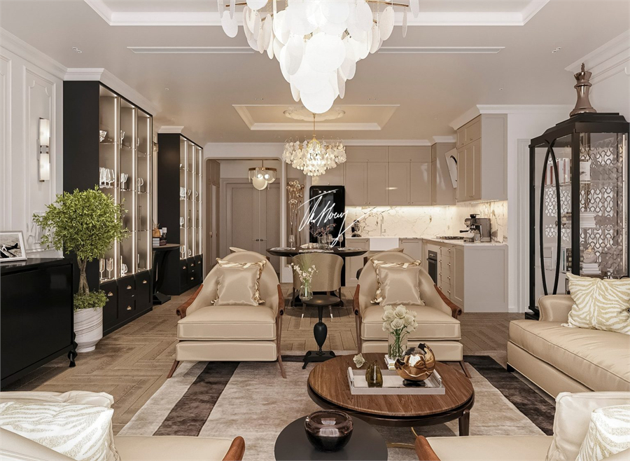 Free 3D Neoclassical Living Room – Kitchen Interior Model Download By The Hoang