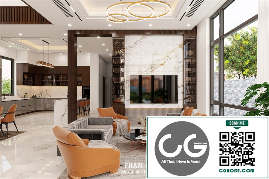 3Ds Max Living Room – Kitchen Interior Model Download by Pham Nam