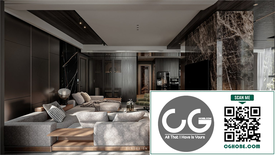 3Ds Max Living Room – Kitchen Interior Model Download by Mai