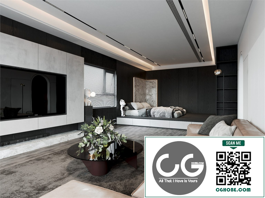 3Ds Max Living Room – Kitchen Interior Model Download by Trang Chuot