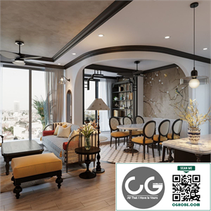 3Ds Max Indochine Living Room – Kitchen Interior Model Download by Le Viet Dung