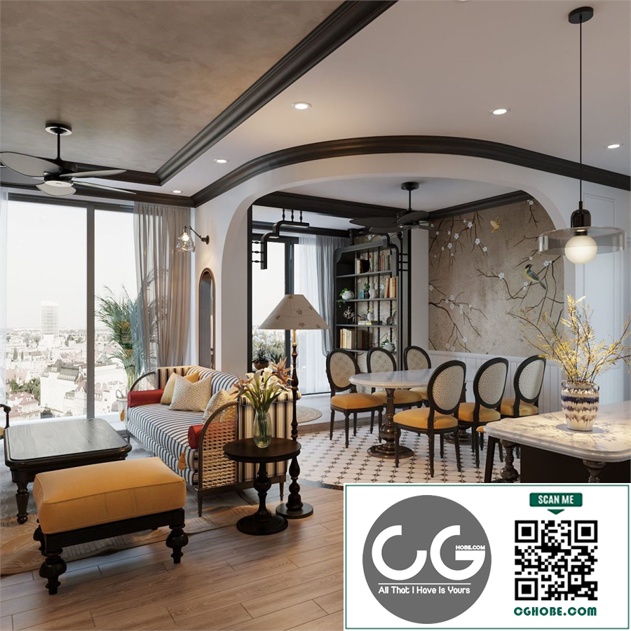 3Ds Max Indochine Living Room – Kitchen Interior Model Download by Le Viet Dung