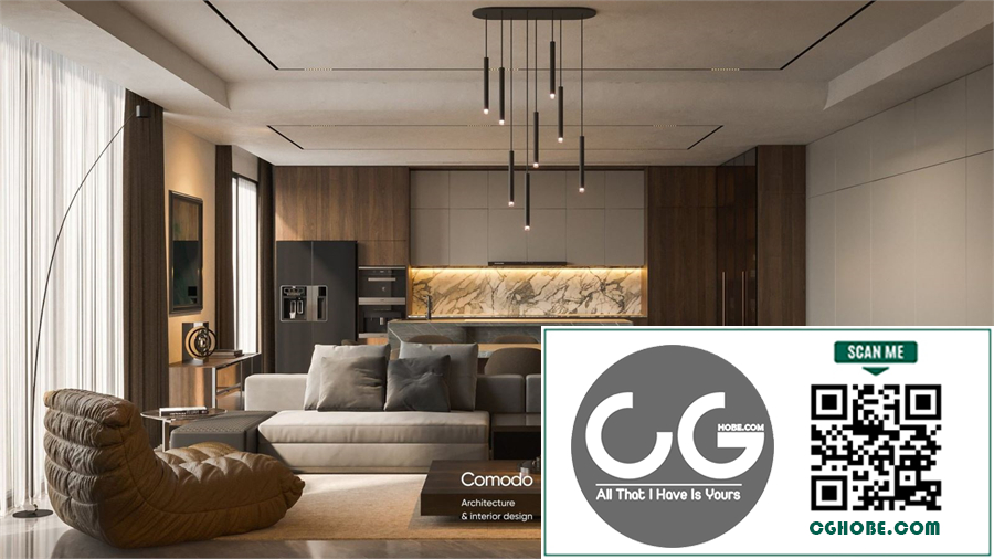 3Ds Max Living Room – Kitchen Interior Model Download by Luu Trung Kien