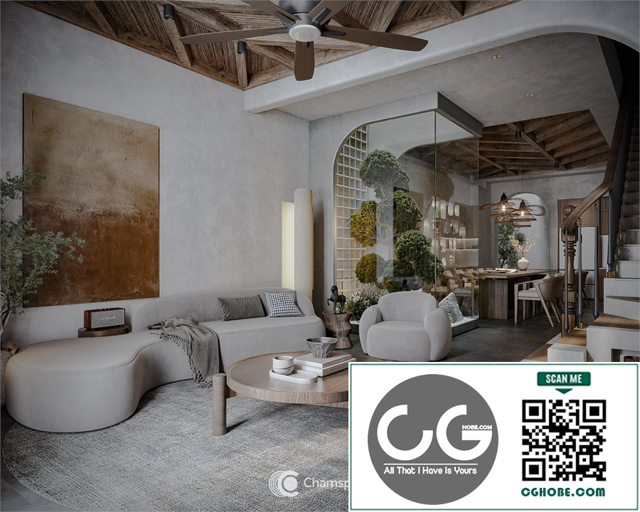 3Ds Max Living Room – Kitchen Interior Model Download by Phong Nguyen