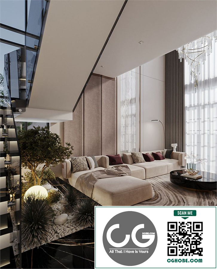 3Ds Max Living Room – Kitchen Interior Model Download by Huyen Dang