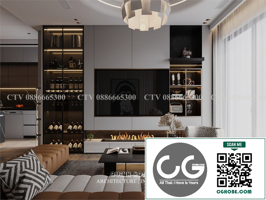 3Ds Max Living Room – Kitchen Interior Model Download by Long Tran