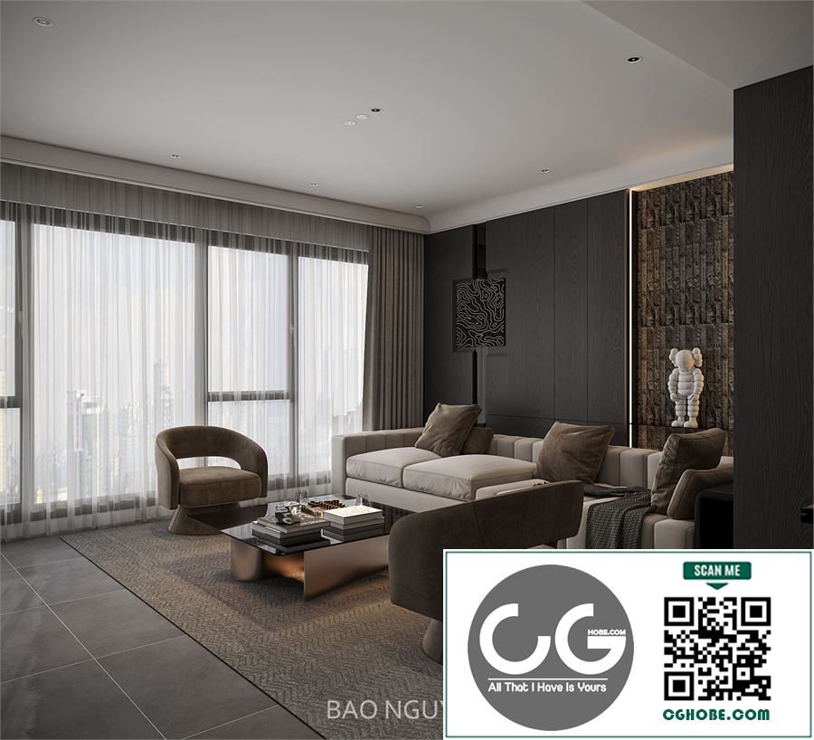 3Ds Max Living Room – Kitchen Interior Model Download by Nguyen Bao