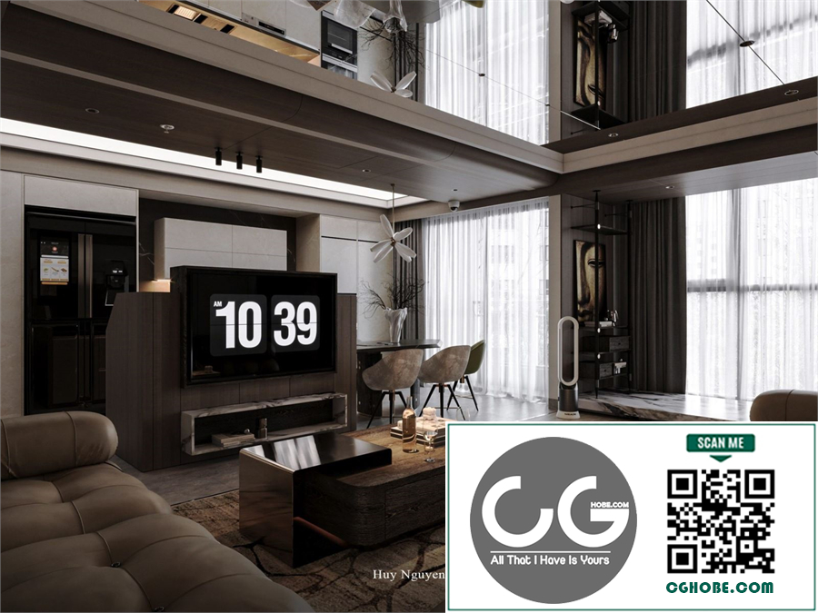 3Ds Max Living Room – Kitchen Interior Model Download by Huy Nguyen