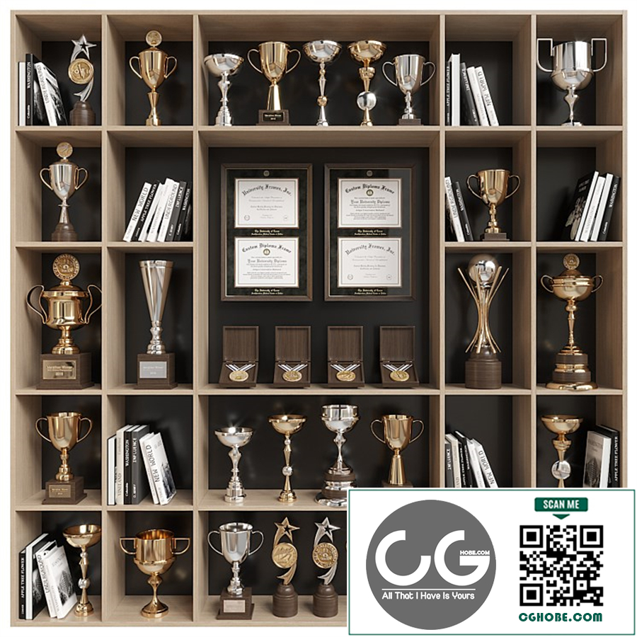 Rack with awards and books