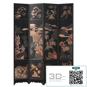 Chinese Four-Panel Lacquered Coromandel Panel Screen