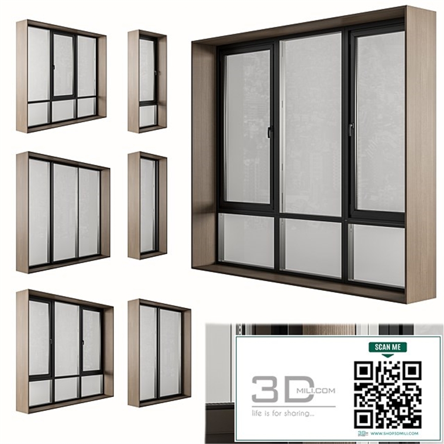 Black Modern Window with Wooden Frame - Windows Set 06