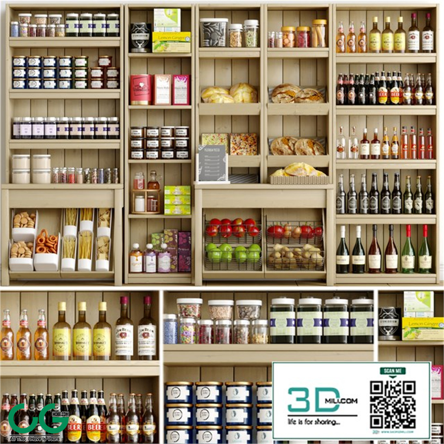 Rack with spices, alcohol and pastries in the supermarket