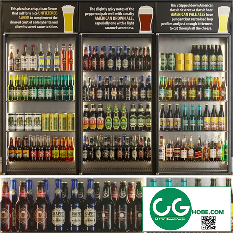 Refrigerator in the supermarket with beer. Alcohol