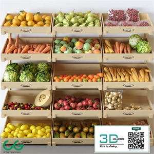 Showcase with fruits and vegetables at the market in boxes