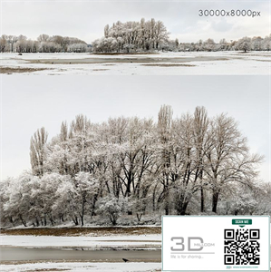 Panorama of the park with a lake and snow-covered trees. 30k