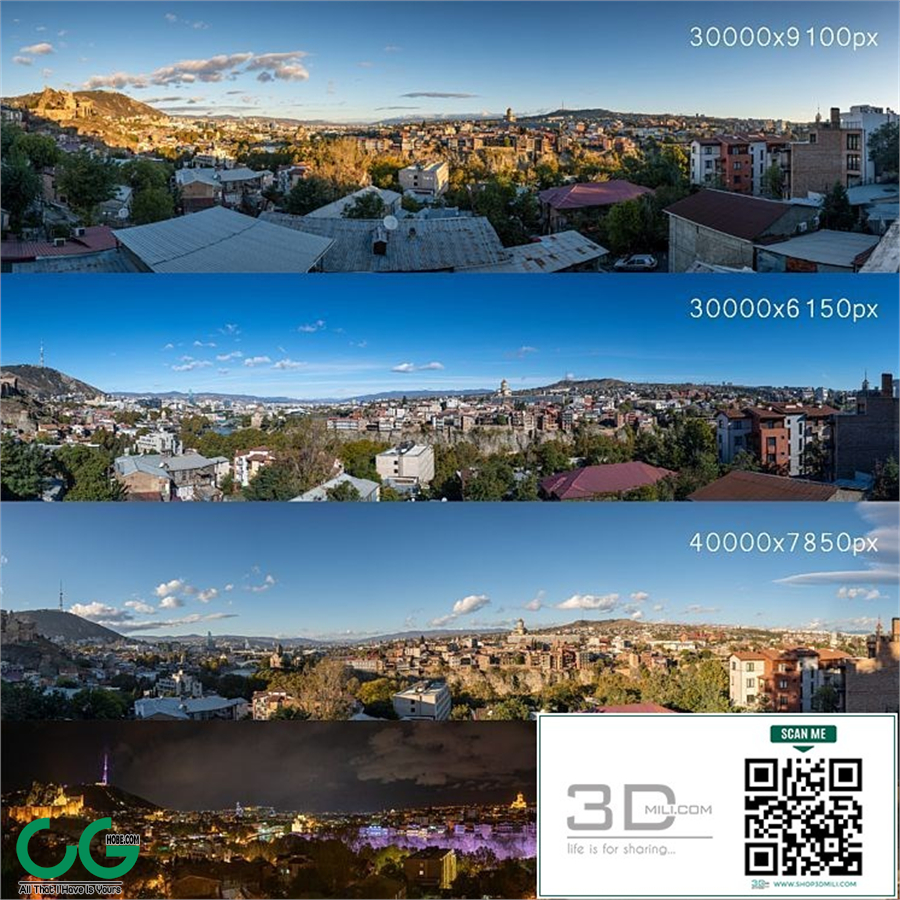 Panoramas of the center of Tbilisi. Morning afternoon Evening Night