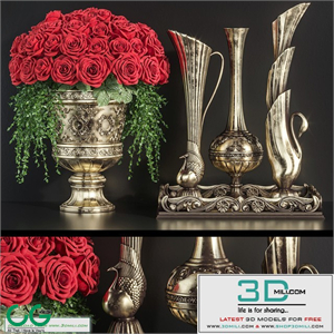 Decoration Set 23 Red Roses in antique vases.