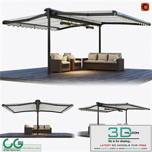 Double-sided cassette tent with rattan garden furniture