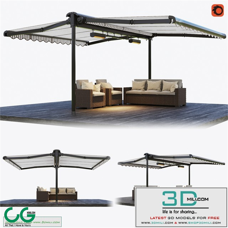 Double-sided cassette tent with rattan garden furniture