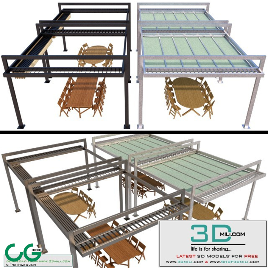 Metal pergola with sliding curtains