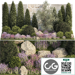 Beautiful garden with arborvitae and landscaping with pine, cypress, topiary, boulder stones, flowers and lavender, sage bushes. 1265