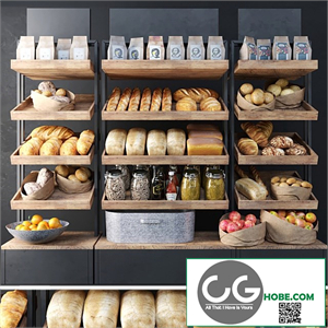 A large showcase in a bakery with bread and other products. Bakery products