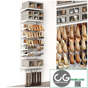 Shoe rack in a shoe cabinet. Set of shoes. Shelf filling
