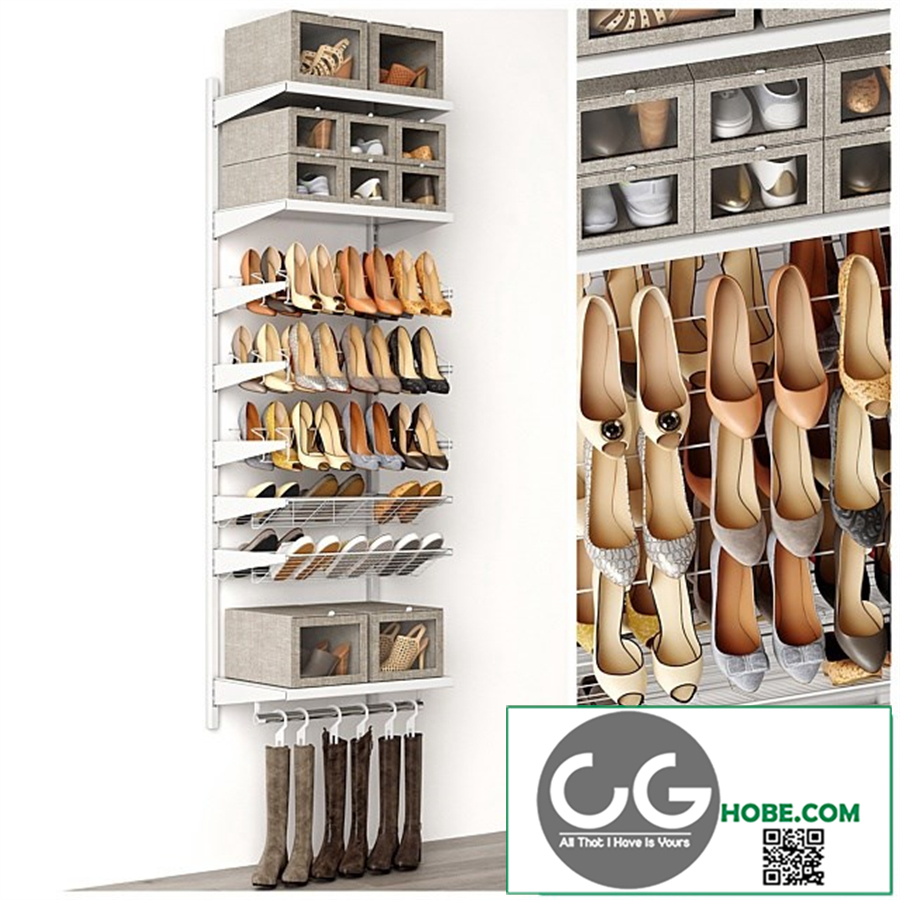 Shoe rack in a shoe cabinet. Set of shoes. Shelf filling