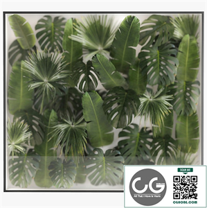 Phytowall and phytobox made of banana palm branches and fan palm leaves in a niche behind a translucent stack. Bouquet 287.