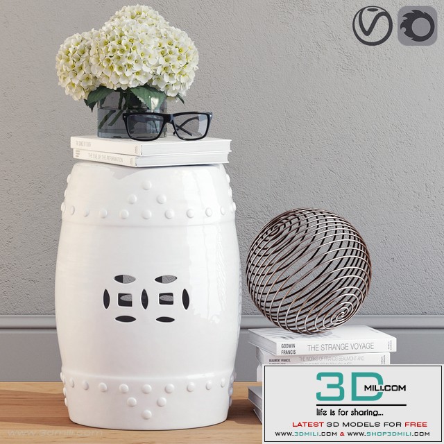 Decorative Set with Ceramic Garden Stool