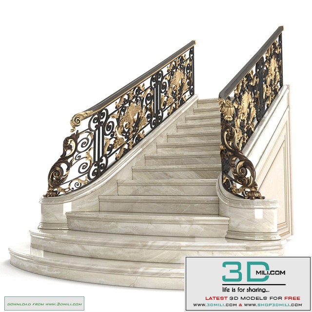 Classic marble staircase with wrought iron railing