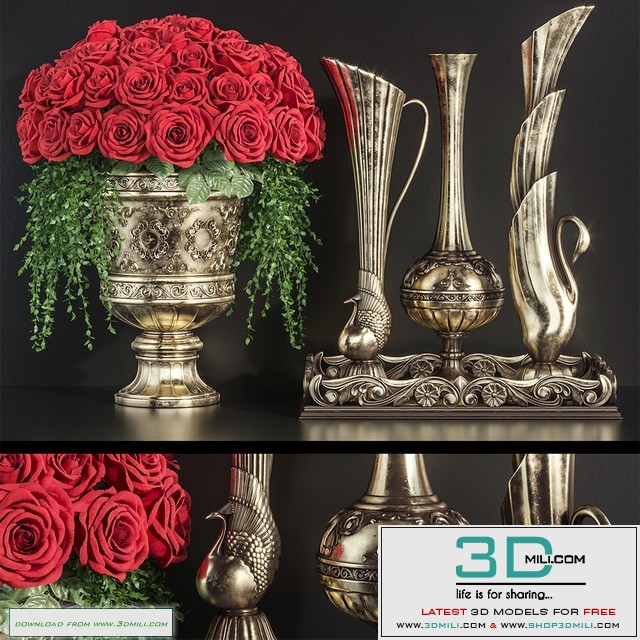 Decoration Set 23 Red Roses in antique vases.
