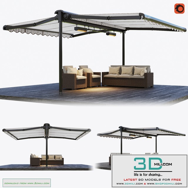 Double-sided cassette tent with rattan garden furniture